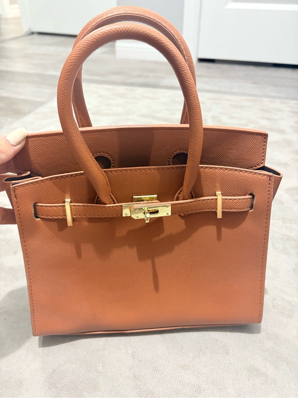 Structured Mini Top-Handle Bag in Tan with Gold Hardware